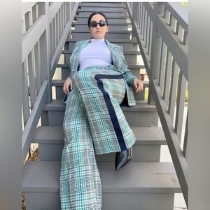 Tanya Taylor Fallon Plaid Wide-Leg Pants | High-Waist Tuxedo Stripe Trousers